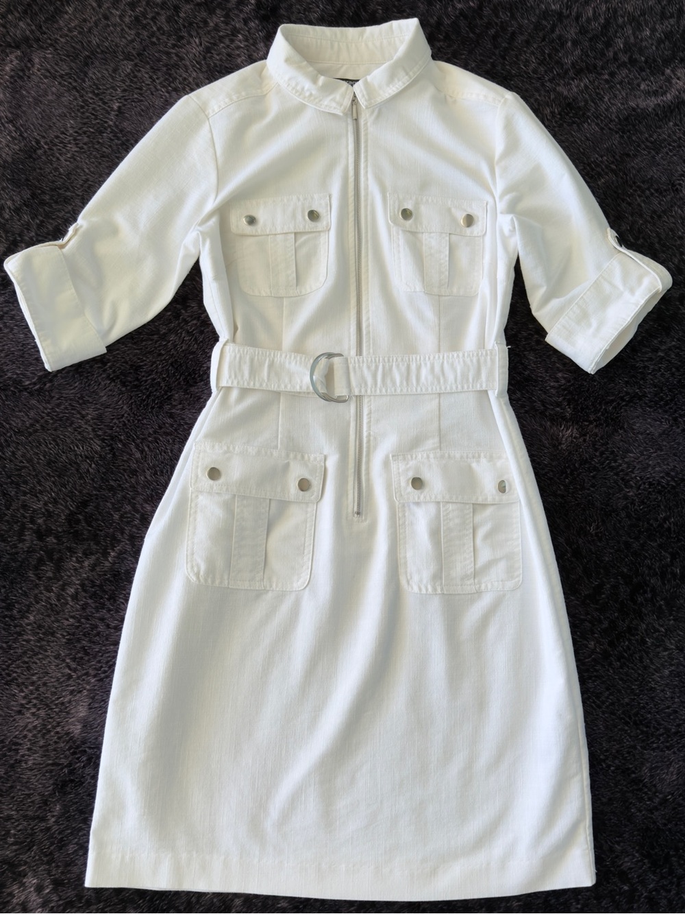 Sharagano White Midi Utility Dress with Belt